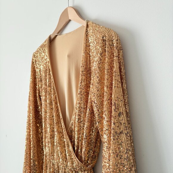 Free People Christa Sequin Long Sleeve Romper Gold Sparkle Size 4 - Picture 8 of 11
